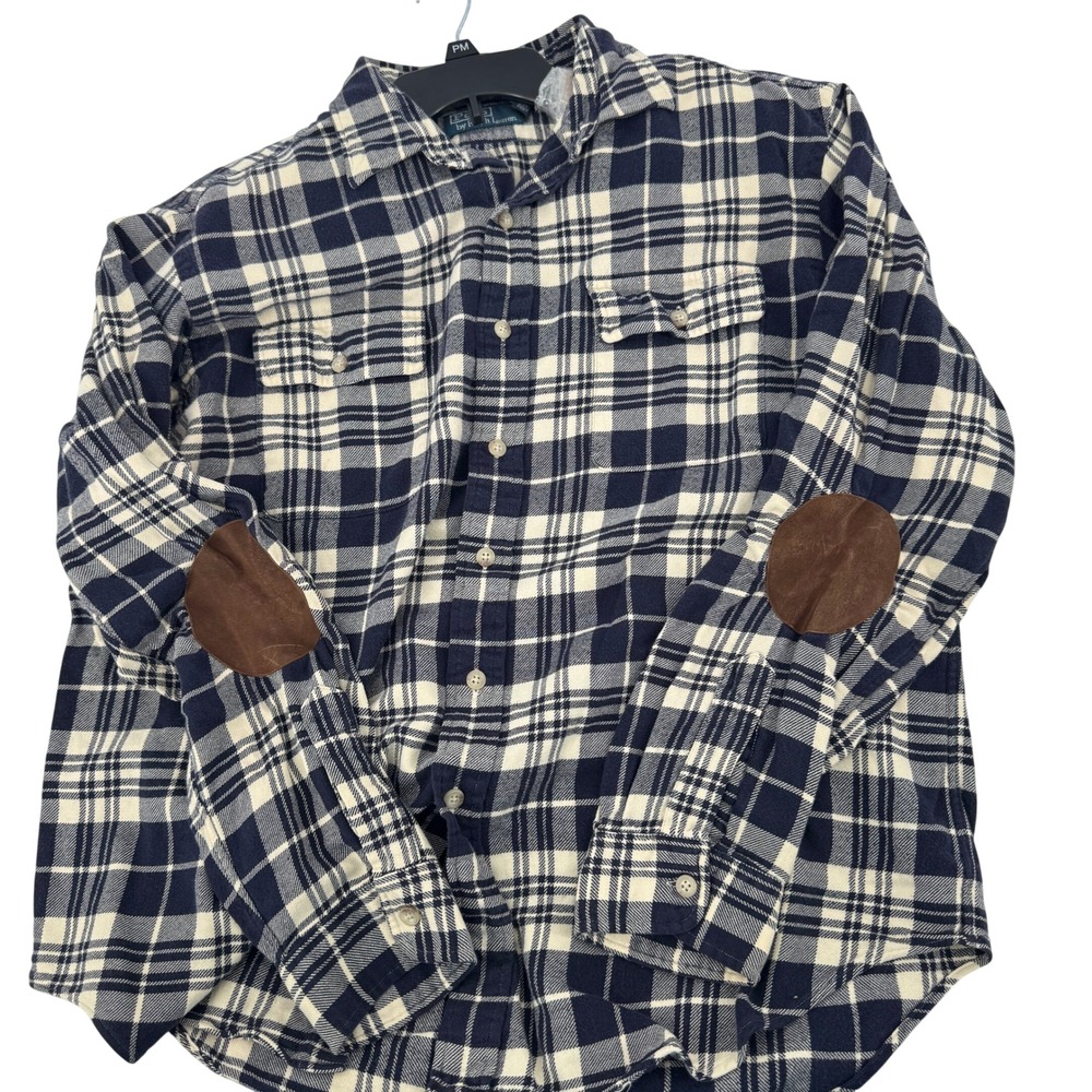 Vintage 90s Polo Ralph Lauren Flannel Shirtโ Elbow Patch Mens XL Navy Plaid